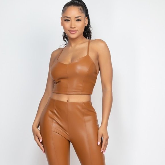 Spaghetti Leather Crop Top & Pants Set - Picture 1 of 6